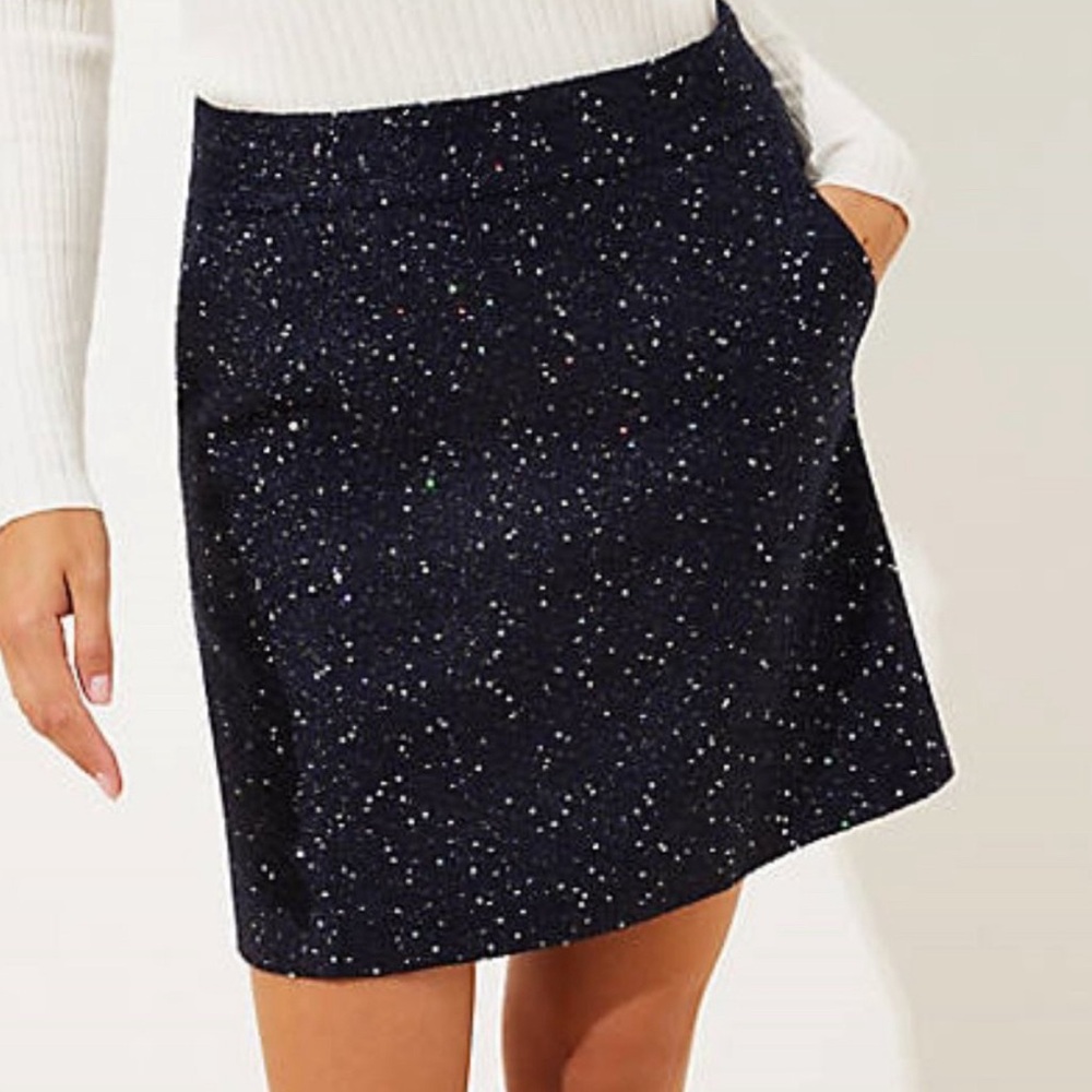 NWT Petite Sequin Tweed Pocket Shift Skirt Navy, 4P